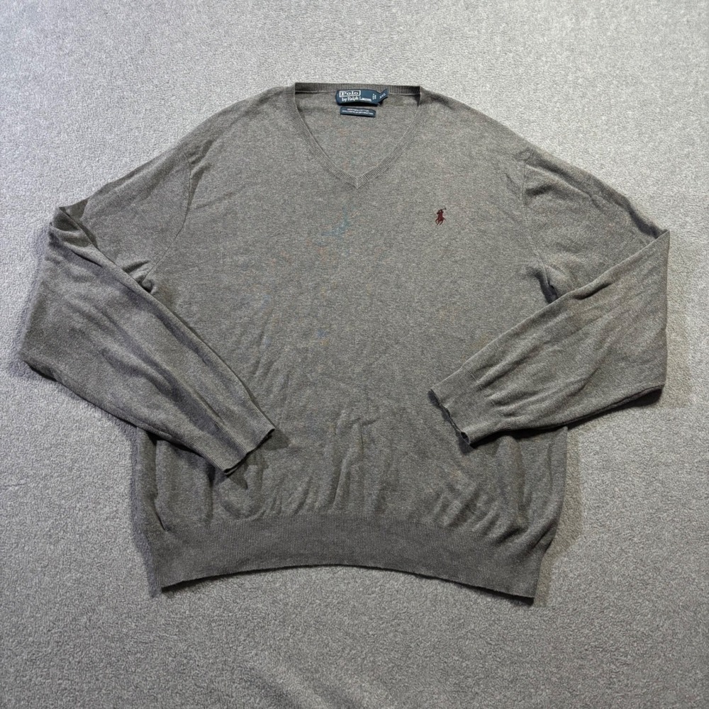 Polo Ralph Lauren Sweater Mens XXL Grey Pima Cotton V-Neck Pullover Preppy Logo